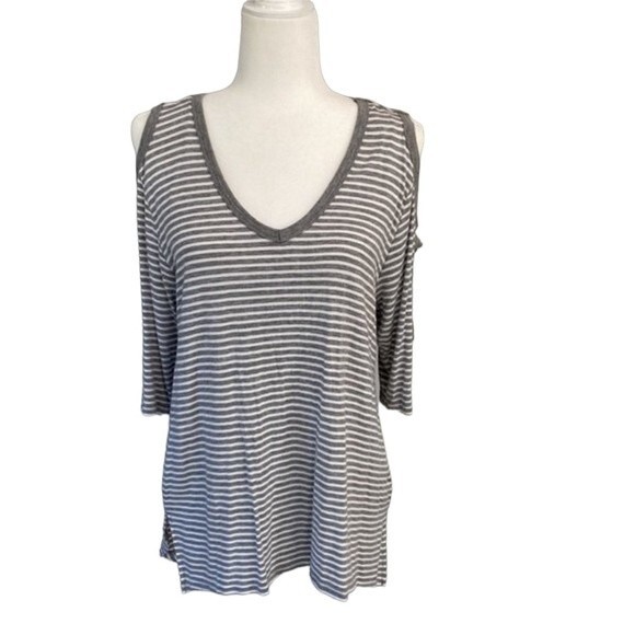 French Laundry V-Neck Stripe 3/4 Short Elbow Sleeve Tunic Tee Top High Low Slits - Picture 5 of 16